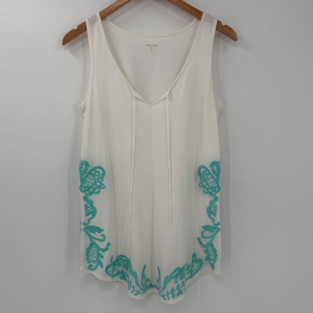 Garnet Hill‎ Embroidered Tank Top XS White Aqua Modal Cotton Sleeveless